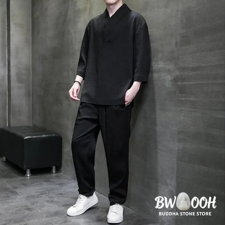 Buddha Stones Solid Color Three Quarter Sleeve Shirt Casual Pants Clothing Men’s Set - Men’s Meditation Cloth