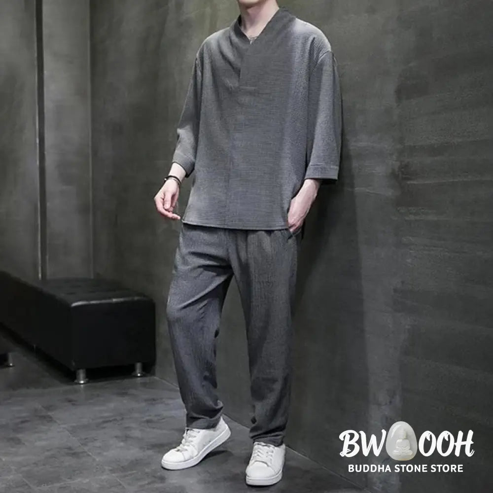Buddha Stones Solid Color Three Quarter Sleeve Shirt Casual Pants Clothing Men’s Set - Men’s Meditation Cloth