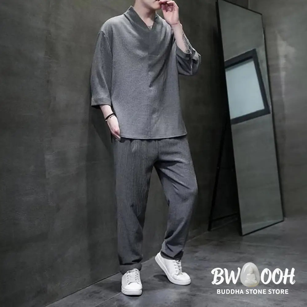 Buddha Stones Solid Color Three Quarter Sleeve Shirt Casual Pants Clothing Men’s Set - Men’s Meditation Cloth