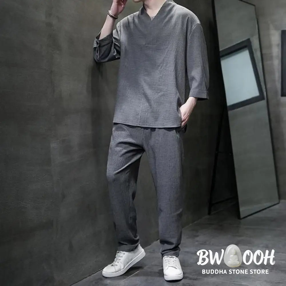 Buddha Stones Solid Color Three Quarter Sleeve Shirt Casual Pants Clothing Men’s Set - Men’s Meditation Cloth