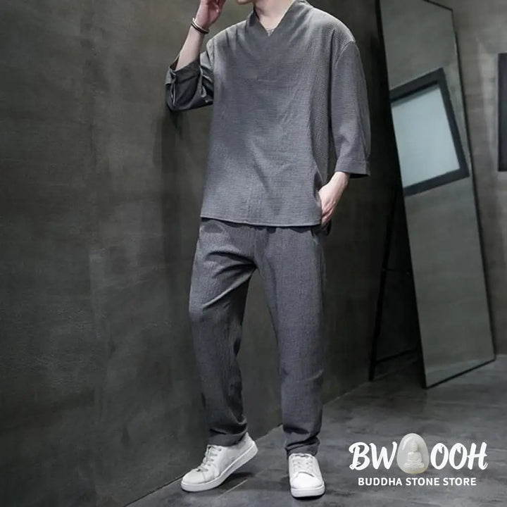Buddha Stones Solid Color Three Quarter Sleeve Shirt Casual Pants Clothing Men’s Set - Men’s Meditation Cloth