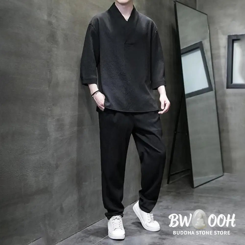 Buddha Stones Solid Color Three Quarter Sleeve Shirt Casual Pants Clothing Men’s Set - Men’s Meditation Cloth