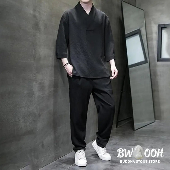 Buddha Stones Solid Color Three Quarter Sleeve Shirt Casual Pants Clothing Men’s Set - Men’s Meditation Cloth