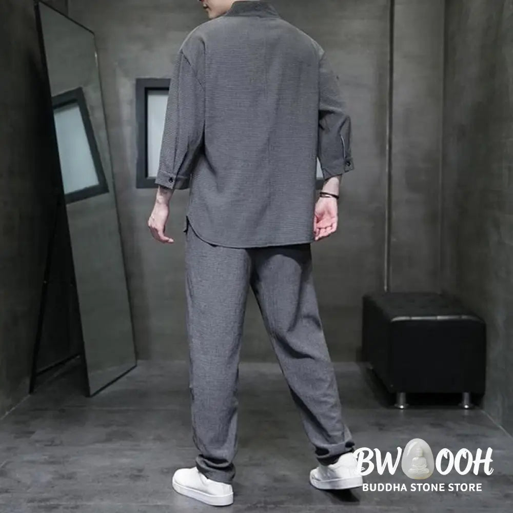 Buddha Stones Solid Color Three Quarter Sleeve Shirt Casual Pants Clothing Men’s Set - Men’s Meditation Cloth