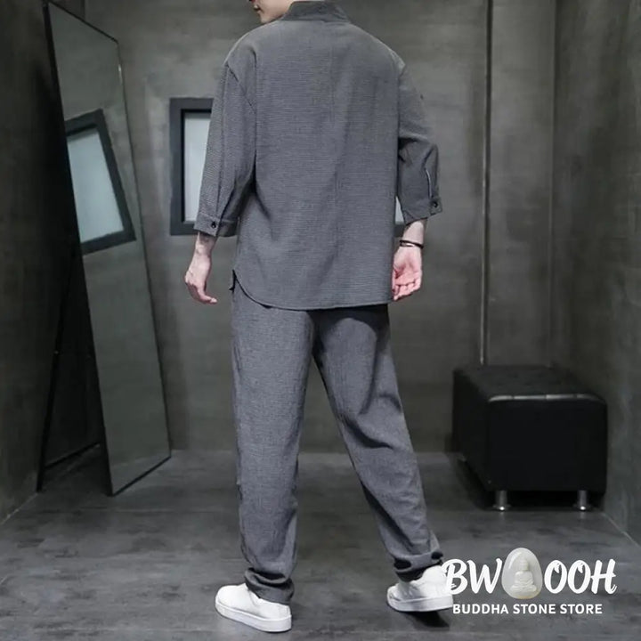 Buddha Stones Solid Color Three Quarter Sleeve Shirt Casual Pants Clothing Men’s Set - Men’s Meditation Cloth