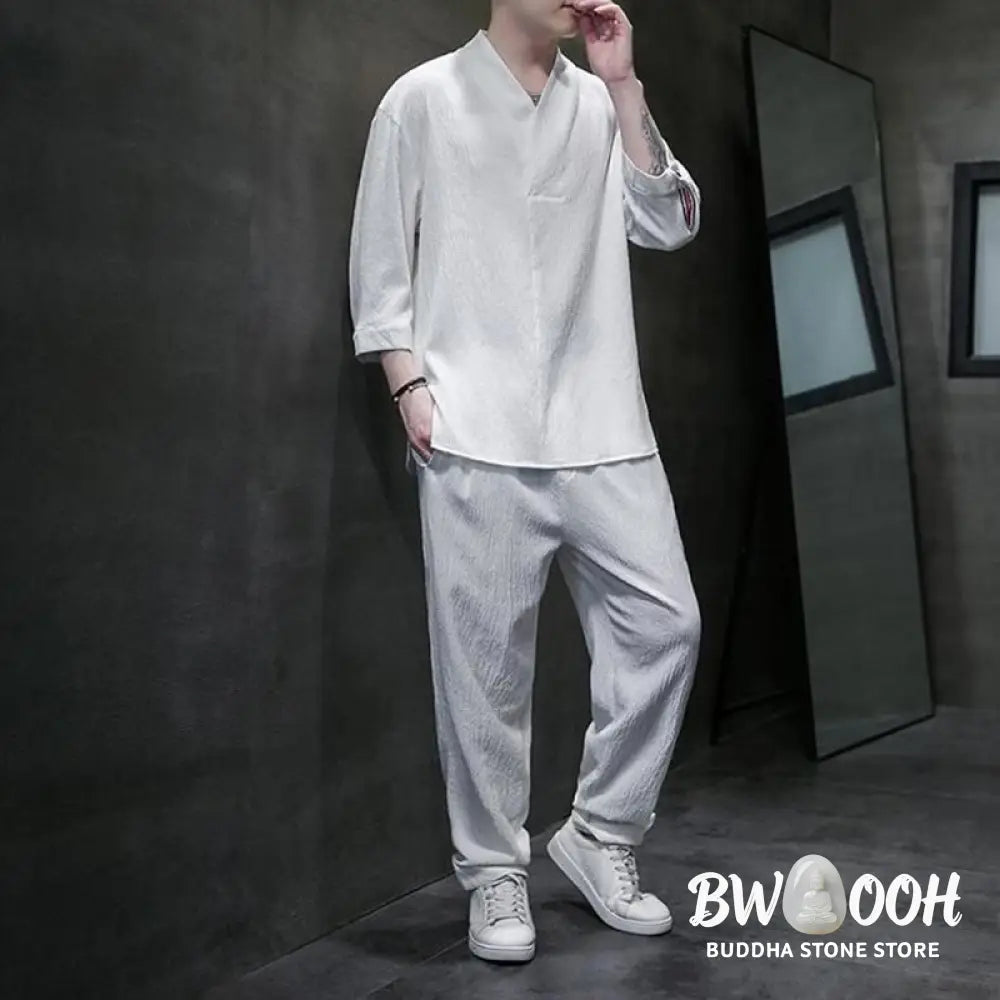 Buddha Stones Solid Color Three Quarter Sleeve Shirt Casual Pants Clothing Men’s Set - Men’s Meditation Cloth