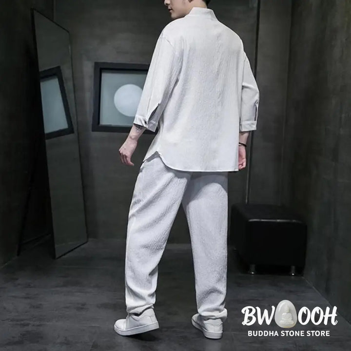 Buddha Stones Solid Color Three Quarter Sleeve Shirt Casual Pants Clothing Men’s Set - Men’s Meditation Cloth