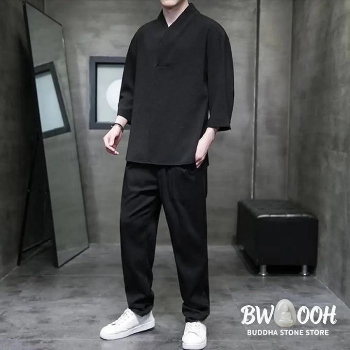 Buddha Stones Solid Color Three Quarter Sleeve Shirt Casual Pants Clothing Men’s Set - Men’s Meditation Cloth