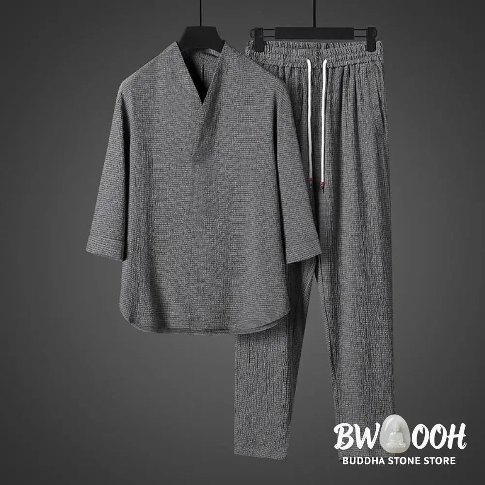 Buddha Stones Solid Color Three Quarter Sleeve Shirt Casual Pants Clothing Men’s Set - Men’s Meditation Cloth
