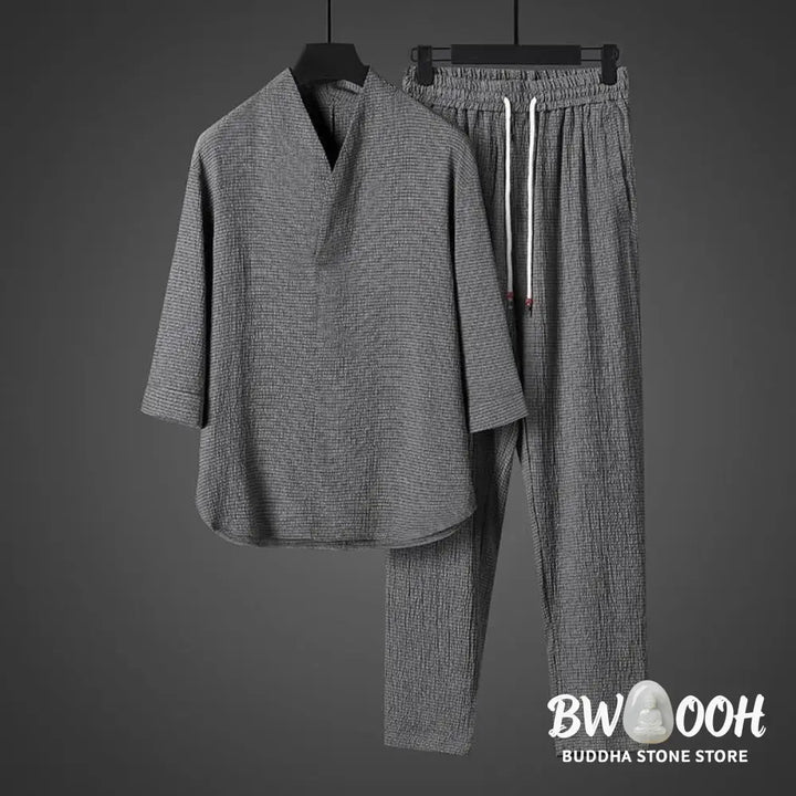 Buddha Stones Solid Color Three Quarter Sleeve Shirt Casual Pants Clothing Men’s Set - Men’s Meditation Cloth