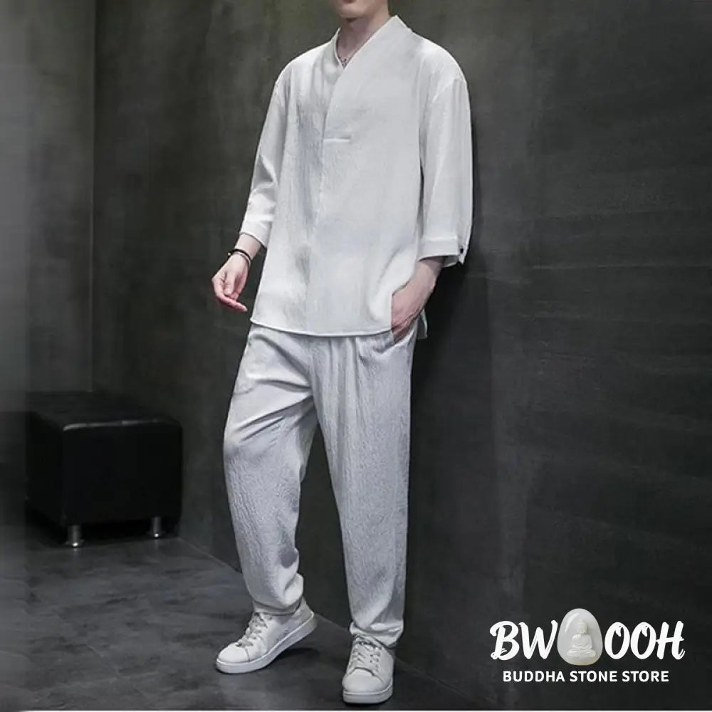 Buddha Stones Solid Color Three Quarter Sleeve Shirt Casual Pants Clothing Men’s Set - Men’s Meditation Cloth
