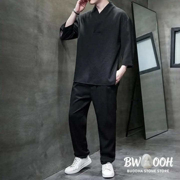 Buddha Stones Solid Color Three Quarter Sleeve Shirt Casual Pants Clothing Men’s Set - Men’s Meditation Cloth