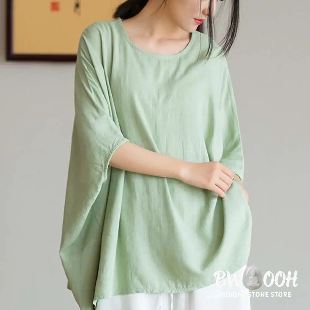 Buddha Stones Solid Color Three Quarter Sleeve Top Loose Tee T-Shirt - Three Quarter Sleeve Top