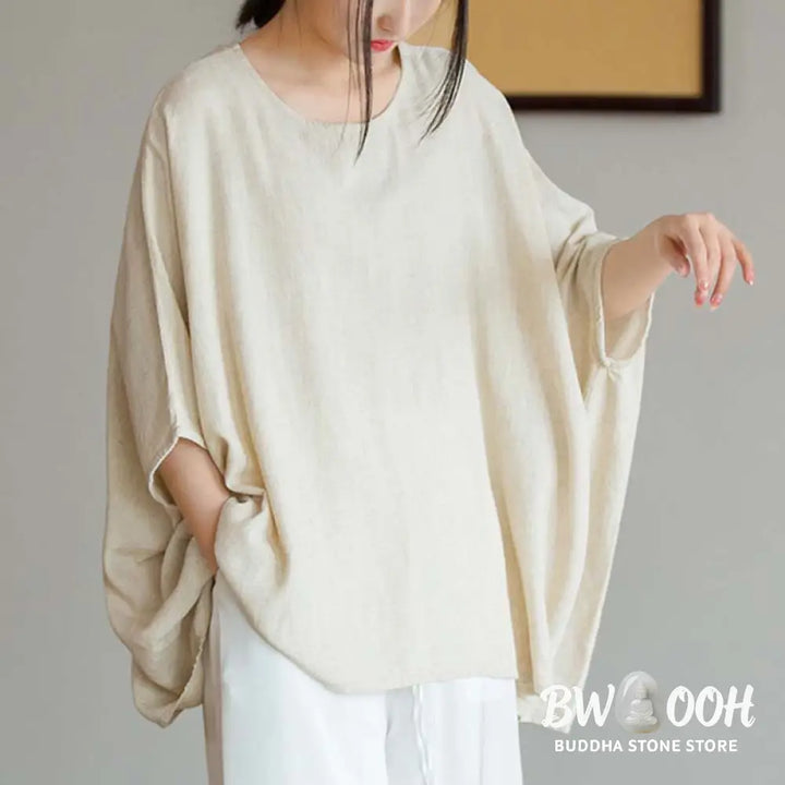 Buddha Stones Solid Color Three Quarter Sleeve Top Loose Tee T-Shirt - Three Quarter Sleeve Top