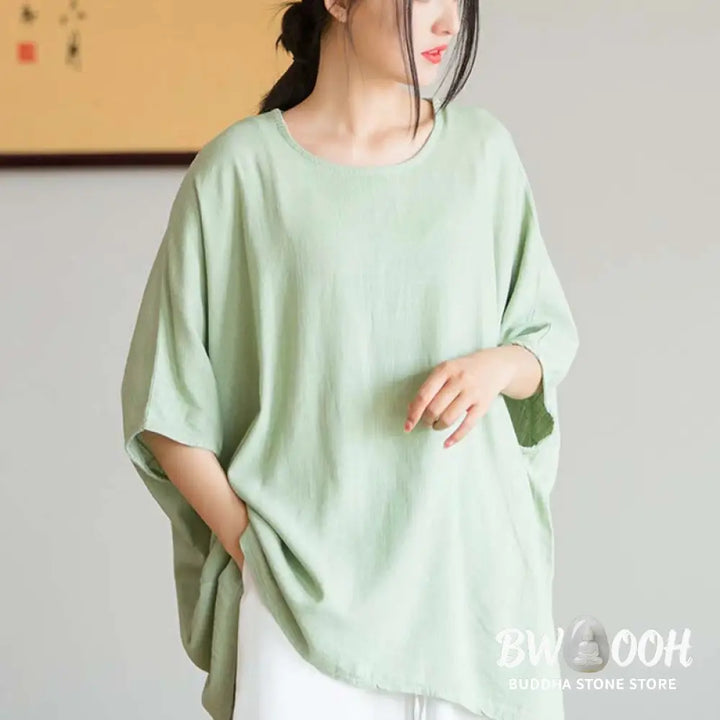 Buddha Stones Solid Color Three Quarter Sleeve Top Loose Tee T-Shirt - Three Quarter Sleeve Top