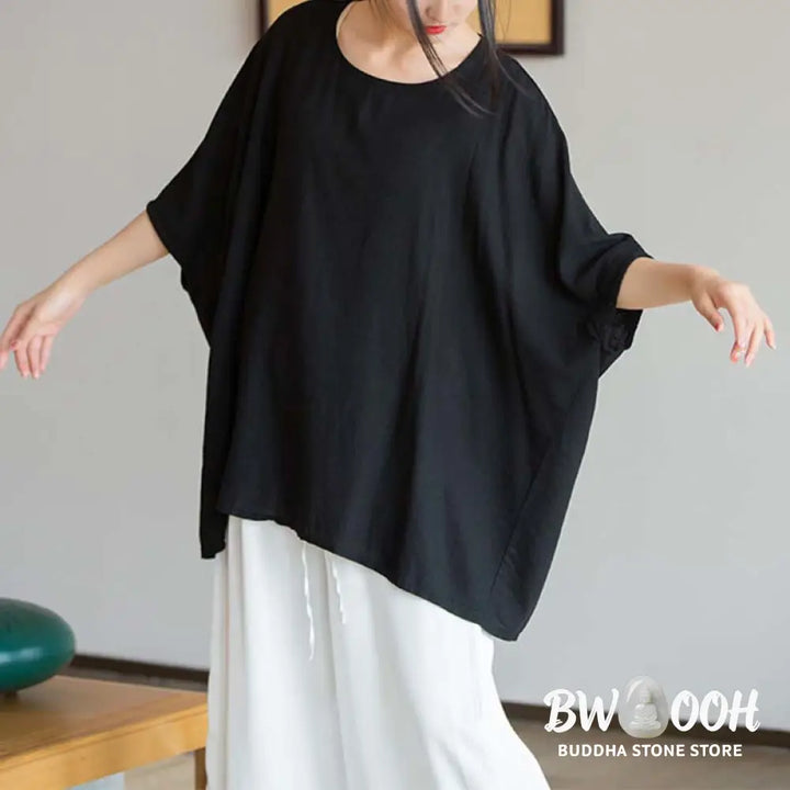 Buddha Stones Solid Color Three Quarter Sleeve Top Loose Tee T-Shirt - Three Quarter Sleeve Top