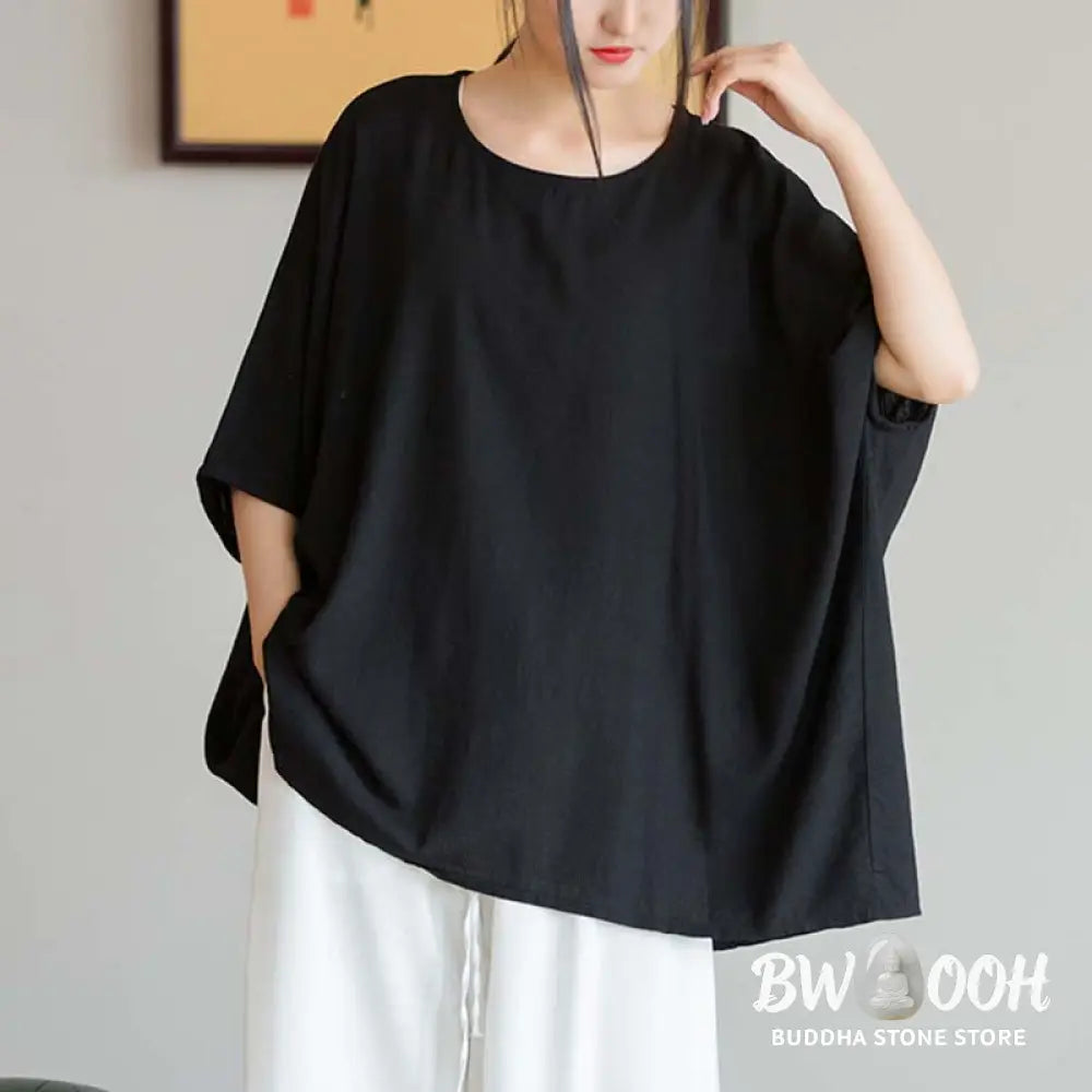 Buddha Stones Solid Color Three Quarter Sleeve Top Loose Tee T-Shirt - Three Quarter Sleeve Top
