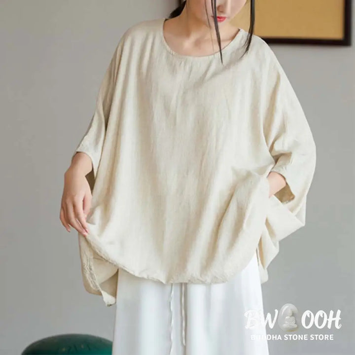 Buddha Stones Solid Color Three Quarter Sleeve Top Loose Tee T-Shirt - Three Quarter Sleeve Top