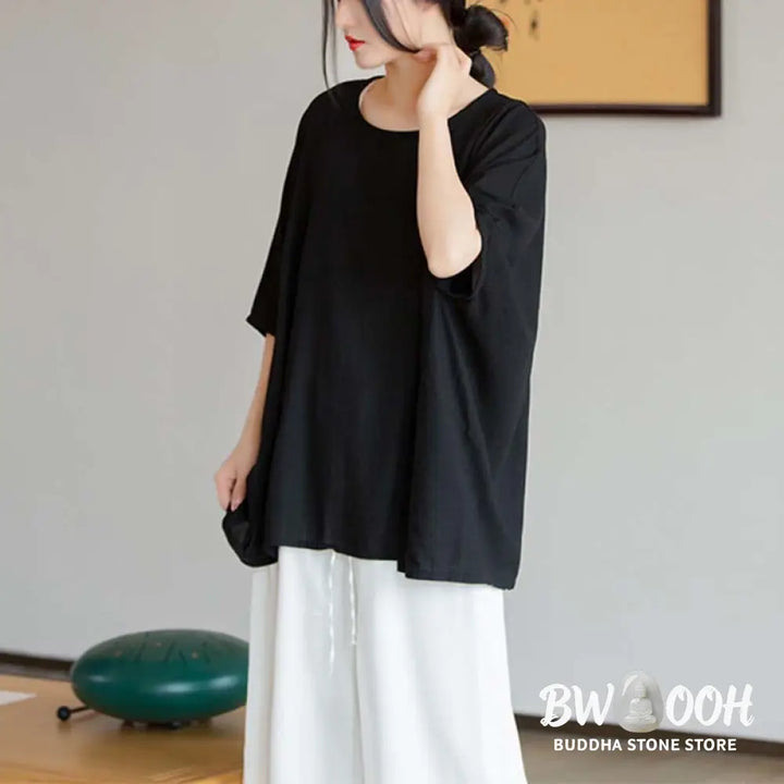 Buddha Stones Solid Color Three Quarter Sleeve Top Loose Tee T-Shirt - Three Quarter Sleeve Top