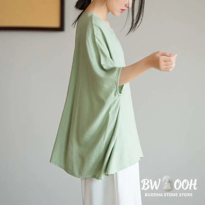 Buddha Stones Solid Color Three Quarter Sleeve Top Loose Tee T-Shirt - Three Quarter Sleeve Top