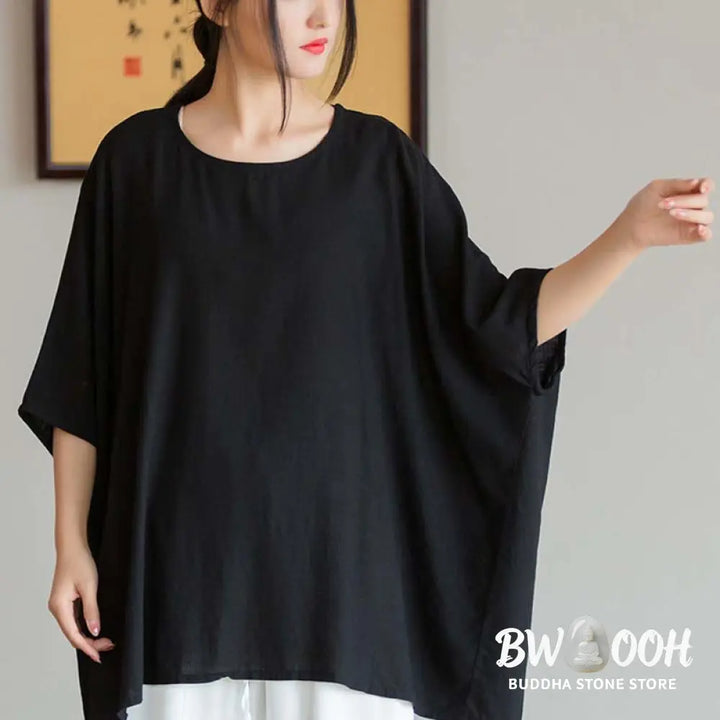 Buddha Stones Solid Color Three Quarter Sleeve Top Loose Tee T-Shirt - Three Quarter Sleeve Top