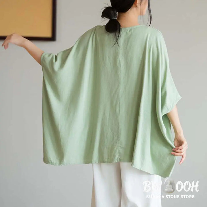 Buddha Stones Solid Color Three Quarter Sleeve Top Loose Tee T-Shirt - Three Quarter Sleeve Top