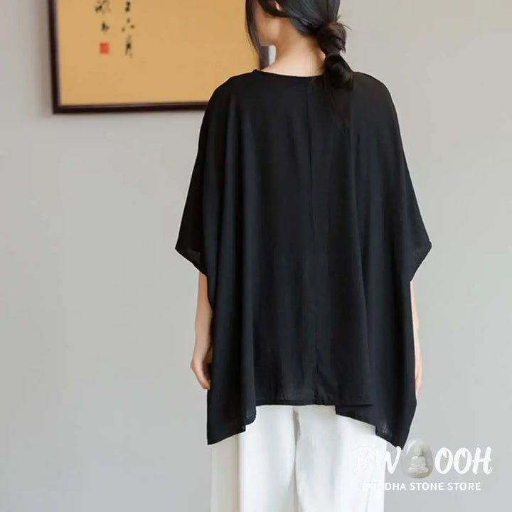 Buddha Stones Solid Color Three Quarter Sleeve Top Loose Tee T-Shirt - Three Quarter Sleeve Top