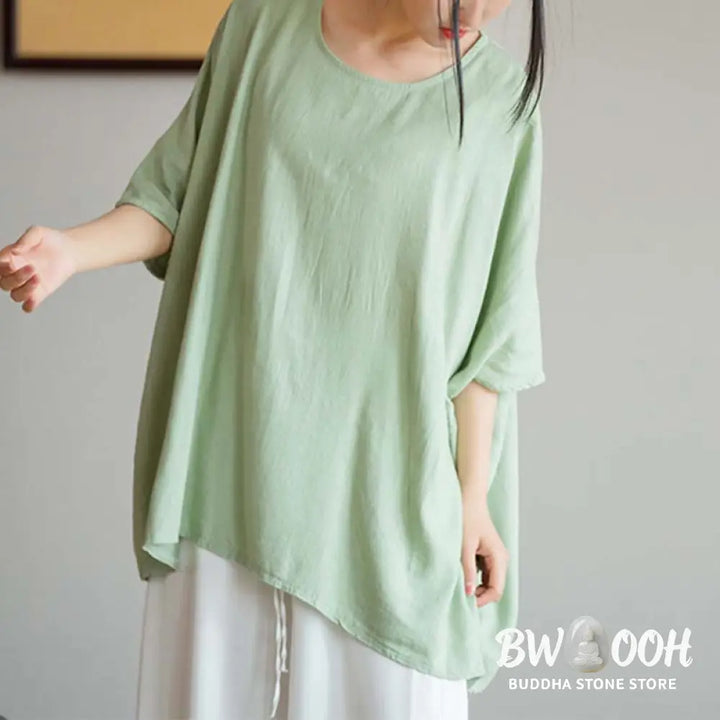 Buddha Stones Solid Color Three Quarter Sleeve Top Loose Tee T-Shirt - Three Quarter Sleeve Top