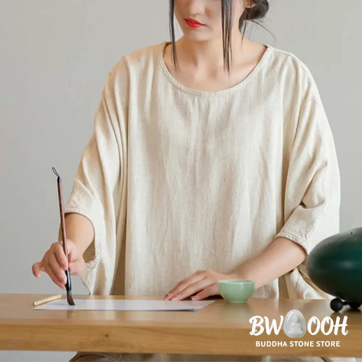 Buddha Stones Solid Color Three Quarter Sleeve Top Loose Tee T-Shirt - Three Quarter Sleeve Top