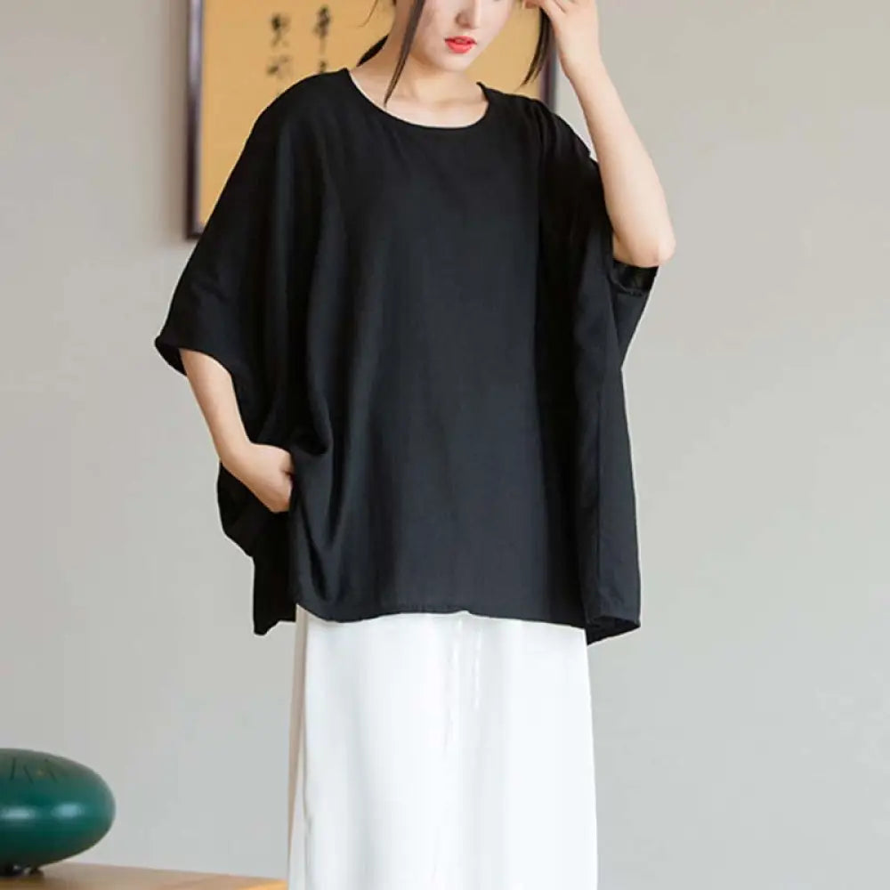Buddha Stones Solid Color Three Quarter Sleeve Top Loose Tee T-Shirt - Black(Bust 180cm/Length 64cm)(Top Only) - Three