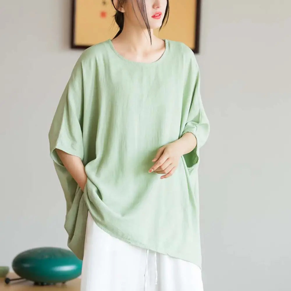 Buddha Stones Solid Color Three Quarter Sleeve Top Loose Tee T-Shirt - Green(Bust 180cm/Length 64cm)(Top Only) - Three