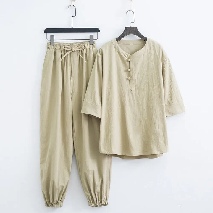 Buddha Stones Solid Color Traditional Cotton Linen Short Sleeve T-shirt Pants Clothing Men’s Set - Beige(Top&amp;Pants)