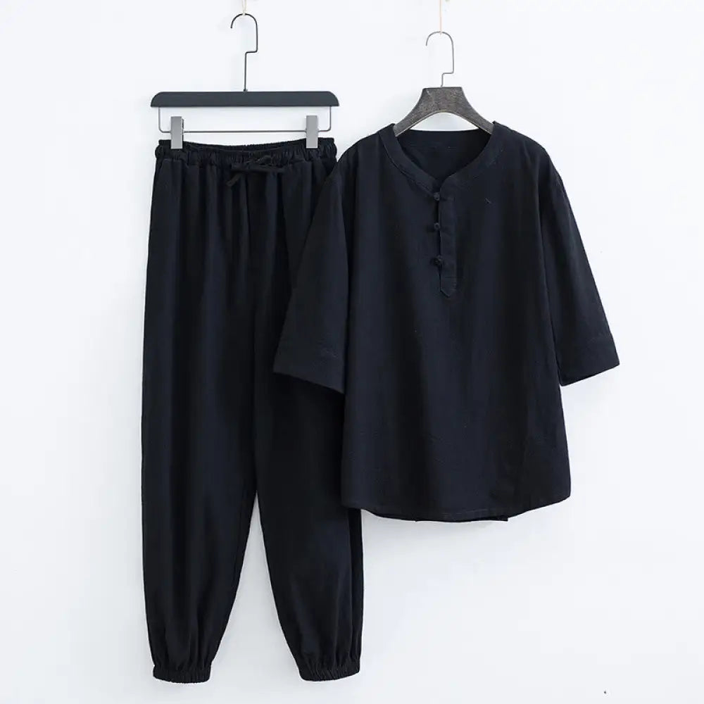 Buddha Stones Solid Color Traditional Cotton Linen Short Sleeve T-shirt Pants Clothing Men’s Set - Black(Top&amp;Pants)