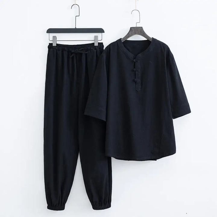 Buddha Stones Solid Color Traditional Cotton Linen Short Sleeve T-shirt Pants Clothing Men’s Set - Black(Top&amp;Pants)
