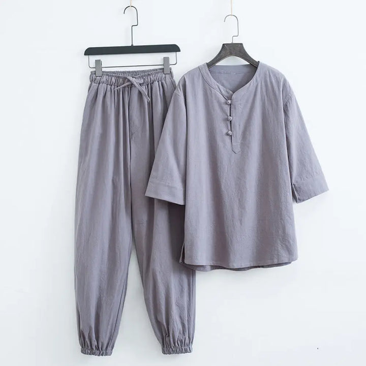 Buddha Stones Solid Color Traditional Cotton Linen Short Sleeve T-shirt Pants Clothing Men’s Set - Gray(Top&amp;Pants)