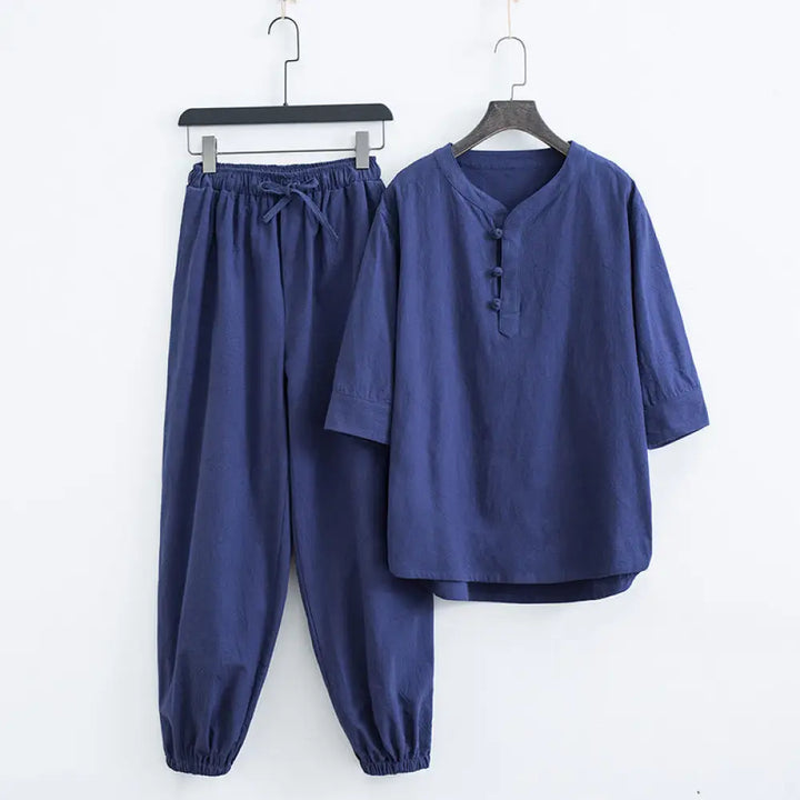 Buddha Stones Solid Color Traditional Cotton Linen Short Sleeve T-shirt Pants Clothing Men’s Set - Navy Blue(Top&amp;Pants)
