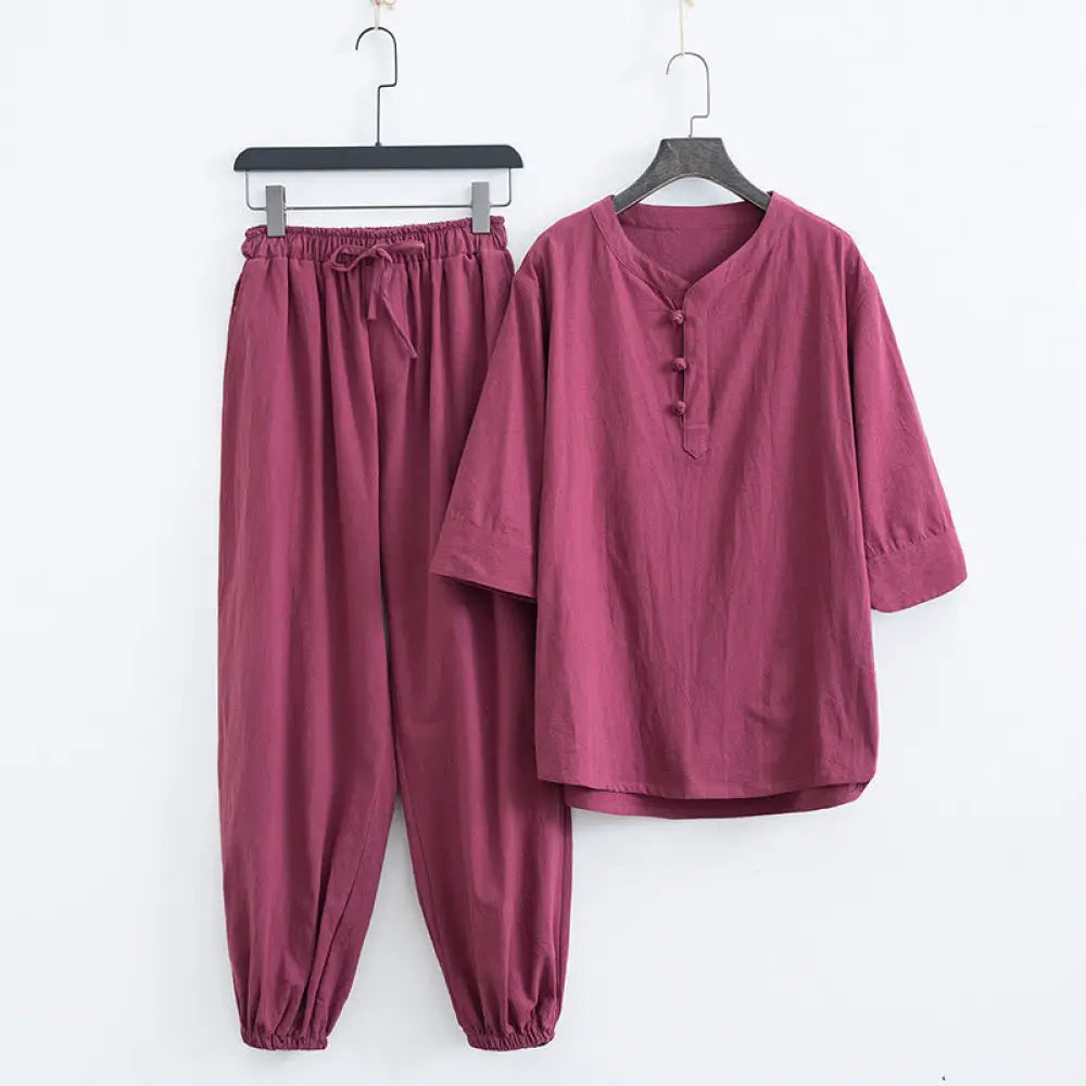 Buddha Stones Solid Color Traditional Cotton Linen Short Sleeve T-shirt Pants Clothing Men’s Set - Red(Top&amp;Pants)