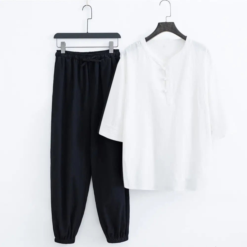 Buddha Stones Solid Color Traditional Cotton Linen Short Sleeve T-shirt Pants Clothing Men’s Set - White Shirt&amp;Black