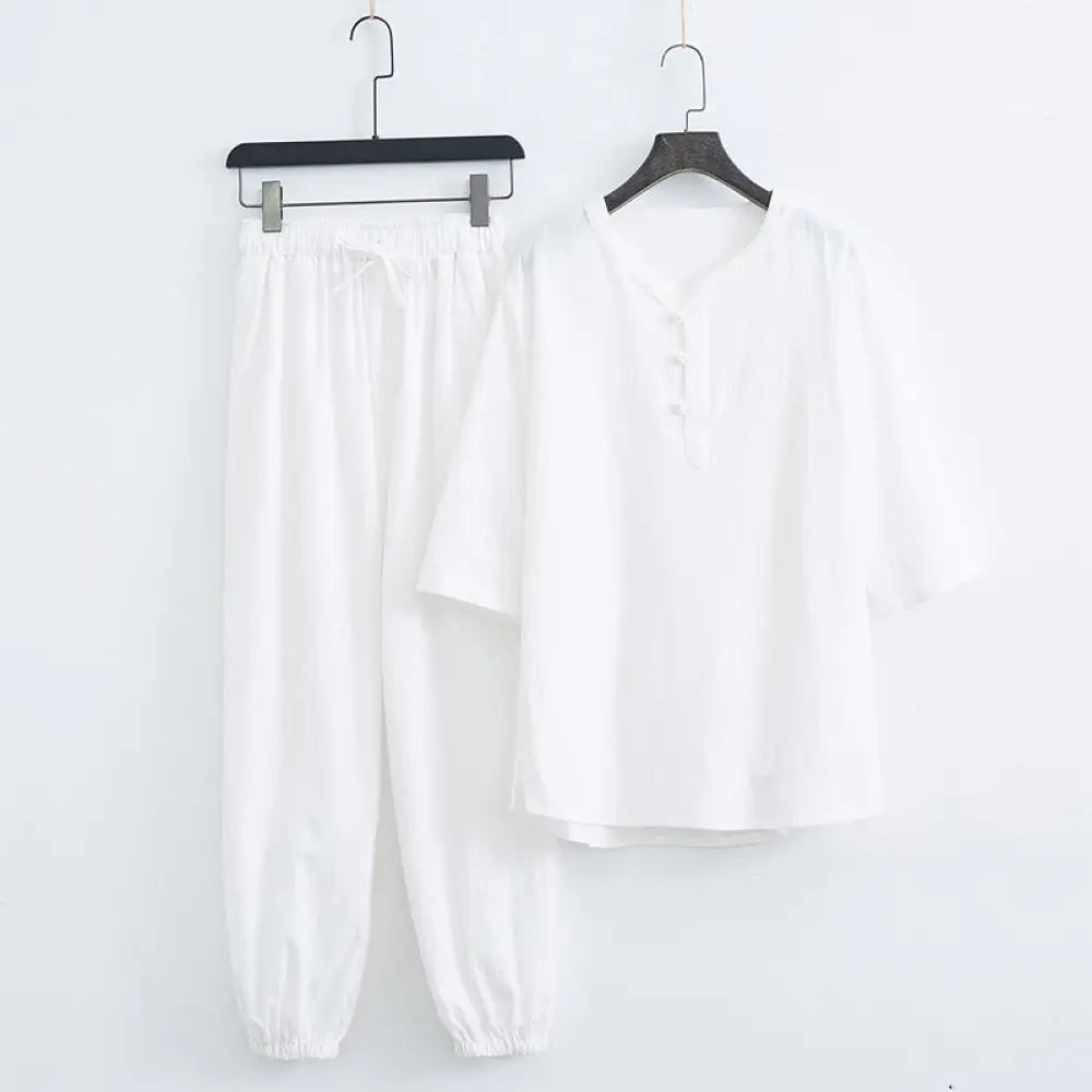 Buddha Stones Solid Color Traditional Cotton Linen Short Sleeve T-shirt Pants Clothing Men’s Set - White(Top&amp;Pants)