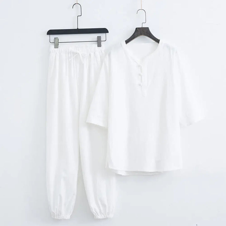 Buddha Stones Solid Color Traditional Cotton Linen Short Sleeve T-shirt Pants Clothing Men’s Set - White(Top&amp;Pants)