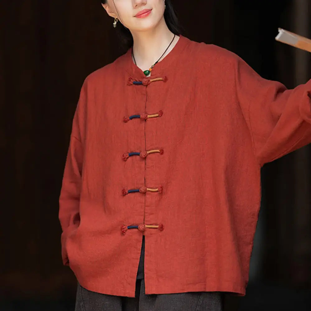 Buddha Stones Solid Color Two-color Frog-button Long Sleeve Ramie Linen Women’s Shirt - Red / US4-12，UK/AU8-16，EU36-44