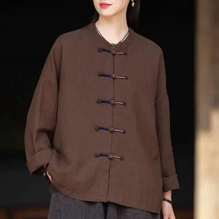 Buddha Stones Solid Color Two-color Frog-button Long Sleeve Ramie Linen Women’s Shirt - SaddleBrown
