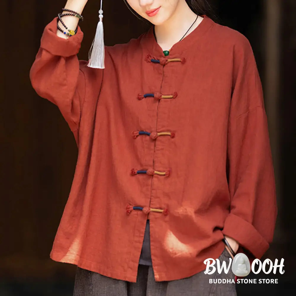 Buddha Stones Solid Color Two-color Frog-button Long Sleeve Ramie Linen Women’s Shirt - Women’s Shirts