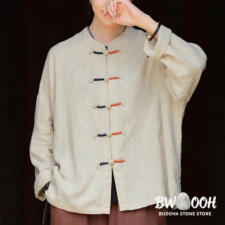 Buddha Stones Solid Color Two-color Frog-button Long Sleeve Ramie Linen Women’s Shirt - Women’s Shirts