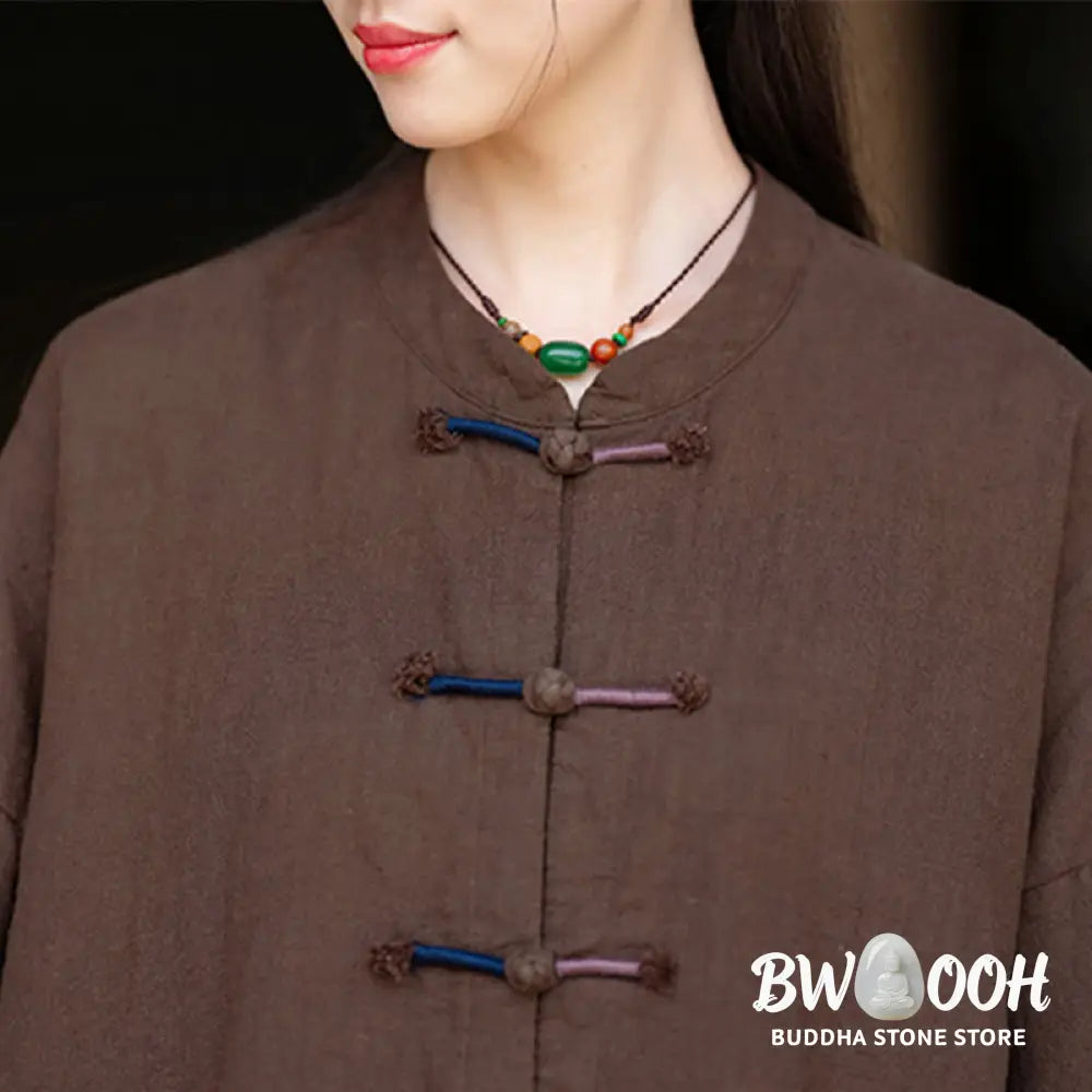 Buddha Stones Solid Color Two-color Frog-button Long Sleeve Ramie Linen Women’s Shirt - Women’s Shirts
