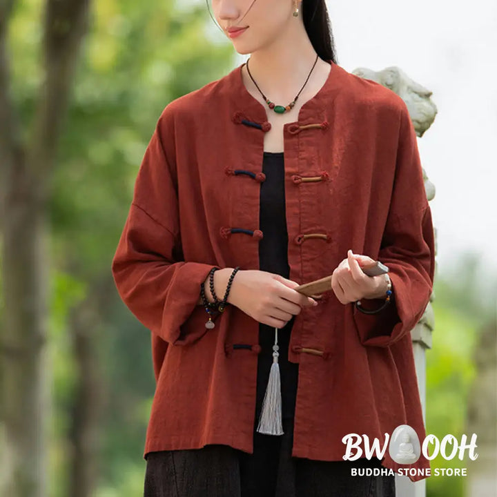 Buddha Stones Solid Color Two-color Frog-button Long Sleeve Ramie Linen Women’s Shirt - Women’s Shirts