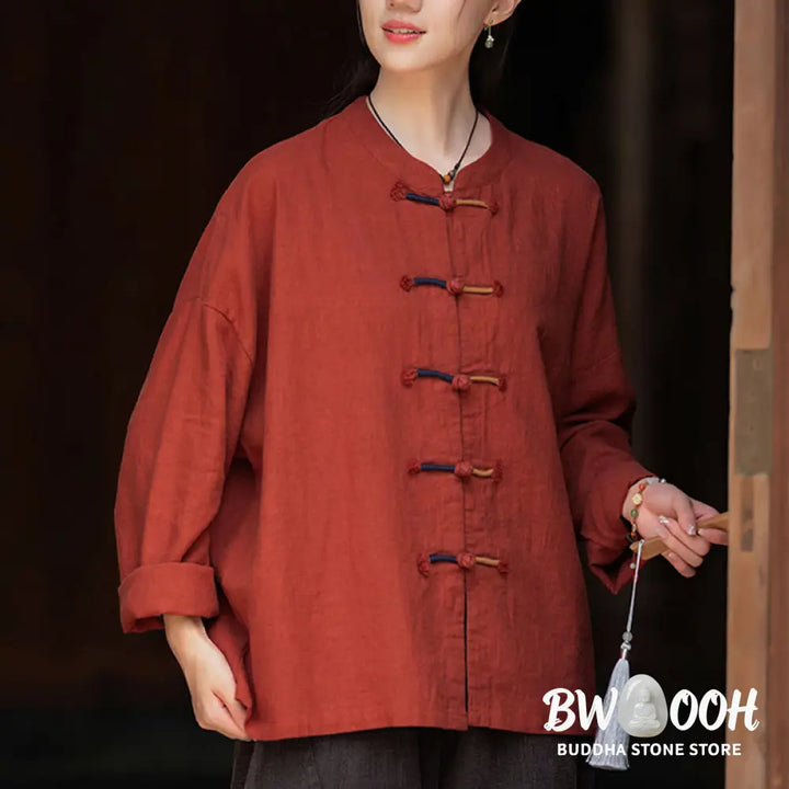 Buddha Stones Solid Color Two-color Frog-button Long Sleeve Ramie Linen Women’s Shirt - Women’s Shirts