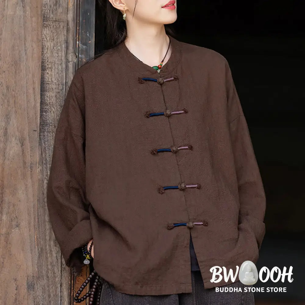 Buddha Stones Solid Color Two-color Frog-button Long Sleeve Ramie Linen Women’s Shirt - Women’s Shirts