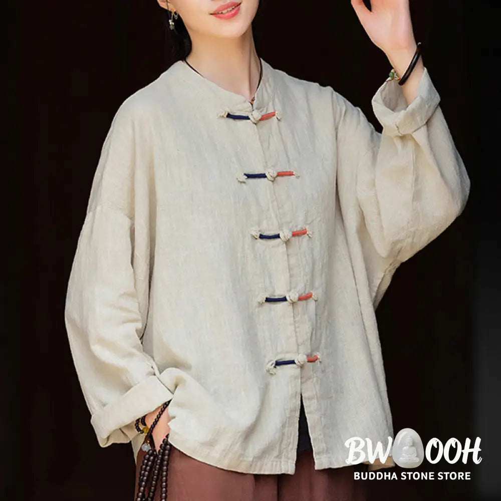 Buddha Stones Solid Color Two-color Frog-button Long Sleeve Ramie Linen Women’s Shirt - Women’s Shirts