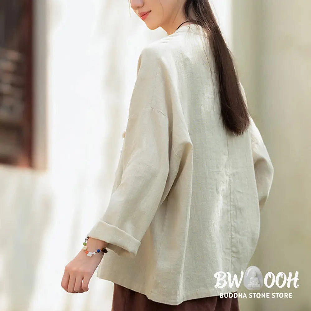 Buddha Stones Solid Color Two-color Frog-button Long Sleeve Ramie Linen Women’s Shirt - Women’s Shirts